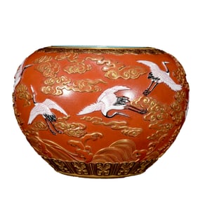 Chinese Qing Dynasty Gilt Edge Coral Red Glaze Crane Design Porcelain Pot