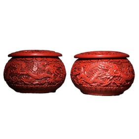 A Pair Chinese Red Lacquerware Low Relief Fortune Dragon Design Weiqi Pot