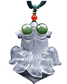 Beautiful Natural Green Crystal Carved Goldfish Pendant w Hand Woven Necklace