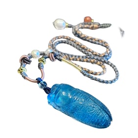 Beautiful Natural Aquamarine Carved Fortune Cicada Pendant w Hand Woven Beads Necklace