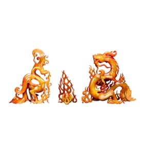 A Set Vintage Chinese Hetian Jade Carved Dragon Phoenix Statue