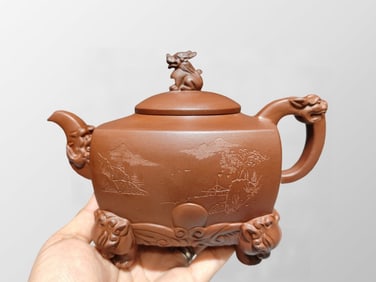 Chinese Yixing Zisha Clay Remote Mountains Sightseeing Design Teapot w Artist Signed