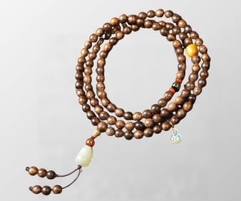 108 Beads Vintage Chenxiang Wood Beads & Hetian Jade Fortune Pixiu Bracelet