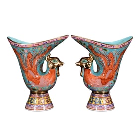 A Pair Chinese Qing Dynasty Gilt Edge Famille Rose Phoenix Porcelain Wine Cup