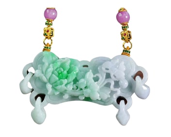 Exquisite Jadeite Carved Butterfly & Flower Pendant w Hand Woven Beads Necklace