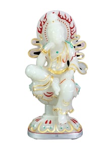 Superb Chinese Colored Drawing White Hetian Jade Carved Buddha Statue