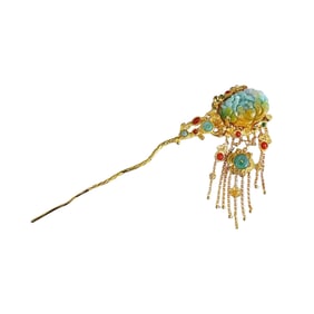 Exquisite 925 Silver Inaly Jadeite Carved Peony Hair Decoration