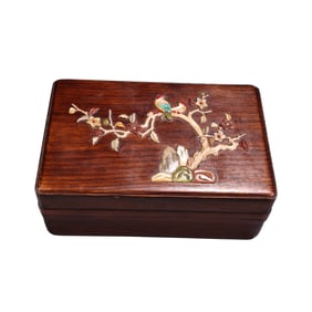 Vintage Chinese Huali Wood Inlay Shoushan Stone & Shell Plum Flower & Magpie Jewellery Box