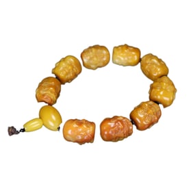 Superb Vintage Chinese Tianhuang Stone Carved Eighteen Arhats Beads Bracelet