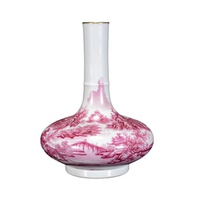 Chinese Qing Dynasty Gilt Edge Rouge Red Glaze Mountain River Scene Design Porcelain Vase