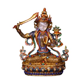 Tibetan Buddhism Gilt Gold Copper Inlay Crystal & Turquoise & Gems Manjushri Bodhisattva Statue