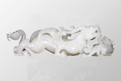 Superb Chinese White Hetian Jade Carved Double Beast Statue