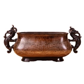 Vintage Chinese Copper Inlay Silver Wires Double Ear Fortune Dragon Incense Burner