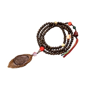 Vintage Chinese Chenxiang Wood Carved Thousand-Hand Kwan-yin Pendant w Hand Woven Beads Necklace