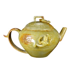 Superb Vintage Chinese Hetian Jade High Relief Chi Dragon Teapot