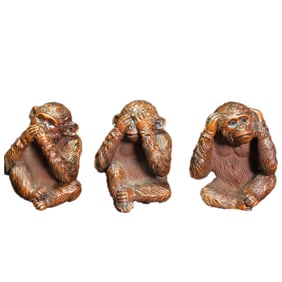 A Set Chinese Boxwood Wood Carved Three Monkey Statue