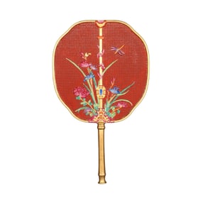 Chinese Qing Dynasty Gilt Gold Red Glaze Famille Rose Flowers Design Porcelain Fan