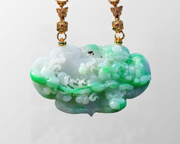 Exquisite Jadeite Carved Peony Pendant w Jadeite Beads Necklace