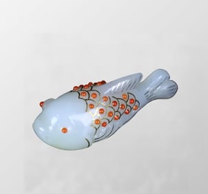 Superb Chinese White Hetian Jade Inlay Gold Wires & Gem Fish Pendant