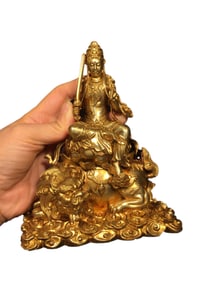Vintage Chinese Gilt Gold Copper Manjushri Bodhisattva Statue