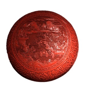 Chinese Red Lacquerware Low Relief Live In Remote Mountains Design Jewellery Box