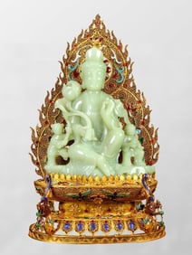 Exquisite Chinese Hetian Jade Carved Kwan-yin Statue w Gold Wire Enamel Base