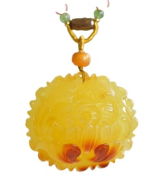 Beautiful Beeswax Carved Peony Pendant w Hand Woven Beads Necklace