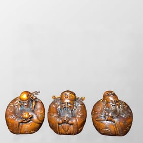 A Set Vintage Chinese Boxwood Wood Carved Taoism Deity Fukurokuju Statue