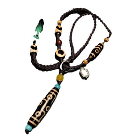 Old Tibetan 9 Eye DZI Agate Lucky Pendant w Hand Woven Beads Necklace