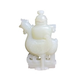 Superb Chinese White Hetian Jade Carved Phoenix Vase Statue