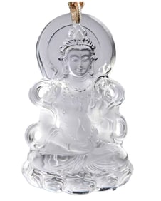 Beautiful White Crystal Carved Kwan-yin Pendant w Hand Woven Necklace