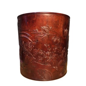 Chinese Huanghuali Wood Low Relief Flowers Bird Design Brush Pot