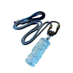 Beautiful Natural Aquamarine Carved Fortune Dragon Pendant w Hand Woven Necklace
