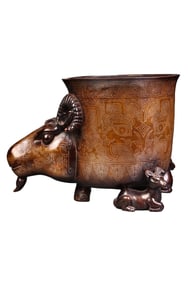 Vintage Chinese Copper Inlay Silver Wires Sheep Head Brush Pot