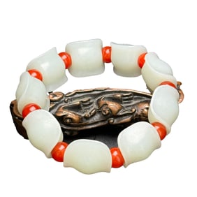 Superb Chinese White Hetian Jade Carved Turtle Shell Beads Bracelet