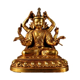 Superb Old Tibetan Gilt Gold Copper Eight Arm Kwan-yin Statue