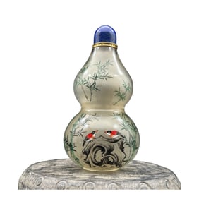 Old Chinese Peking Glass Inside Painting Bird Design Gourd Shape Snuff Bottle w Stopper