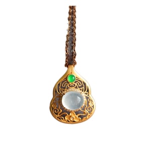 Excellent 18K Gold Inlay Jadeite Gourd Pendant