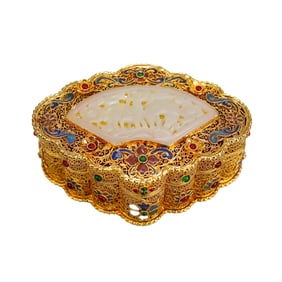 Exquisite Chinese Gold Wire Enamel Inlay Hetian Jade Jewellery Box