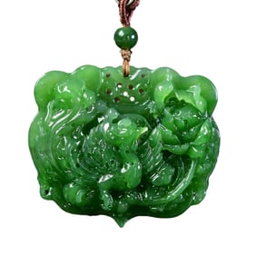 Superb Chinese Green Hetian Jade Carved Phoenix & Peony Pendant