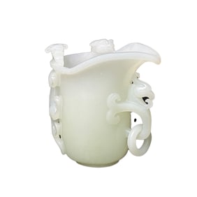 Superb Chinese White Hetian Jade High Relief Chi Dragon Wine Cup