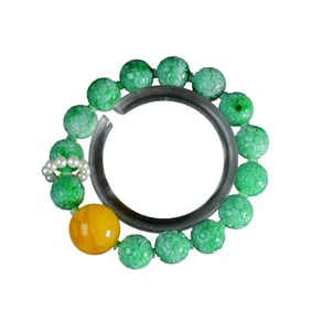 Hand Woven Exquisite Green Jadeite & Beeswax Carved Flowers Beads Bracelet