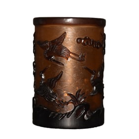 Vintage Chinese Peking Glass Low Relief Crane Design Brush Pot