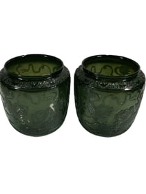 A Pair Superb Chinese Green Hetian Jade Low Relief Fortune Lion Pots