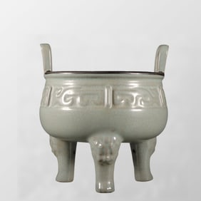 Chinese Inlaying Silver Edge Ru Kiln Double Ear Incense Burner
