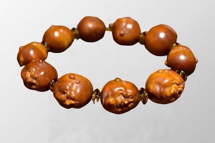 Vintage Deer Horn Carved Laughing Buddha Beads Bracelet
