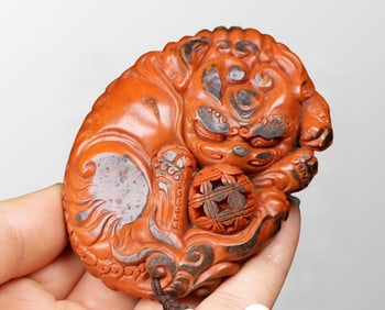 Vintage Chinese Shoushan Stone Carved Fortune Lion Pendant