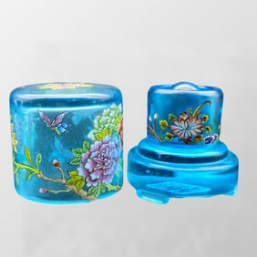 Chinese Famille Rose Peking Glass Flowers Thumb Ring w Box