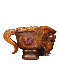 Vintage Ox Horn High Relief Fortune Beast Wine Cup Statue