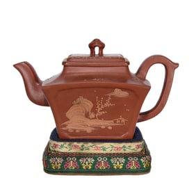 Chinese Yixing Zisha Clay Mountain River Scene Design Teapot w Artist Signed